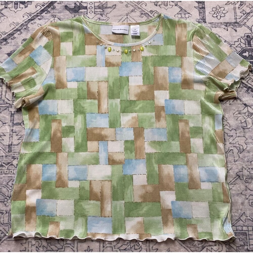 Alfred Dunner Womens Medium Top Short Sleeve Shirt Beaded Ribbed Stretch Blouse